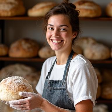 Portrait of Isabelle Durand, Head Baker, with flour on her hands and a warm smile, next to freshly baked loaves.