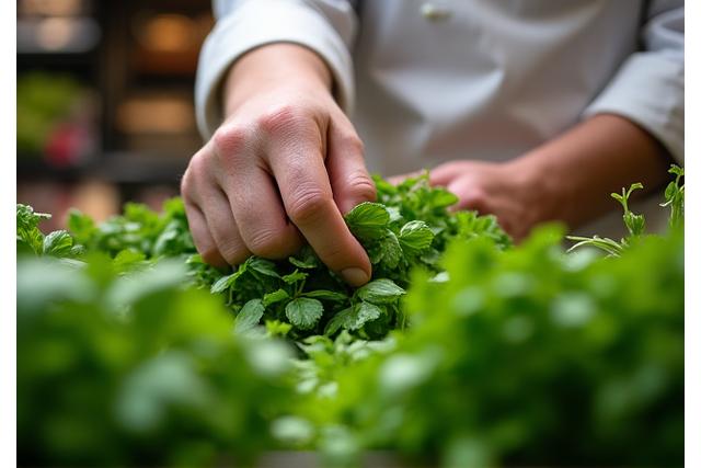 Chef selecting fresh herbs in a market